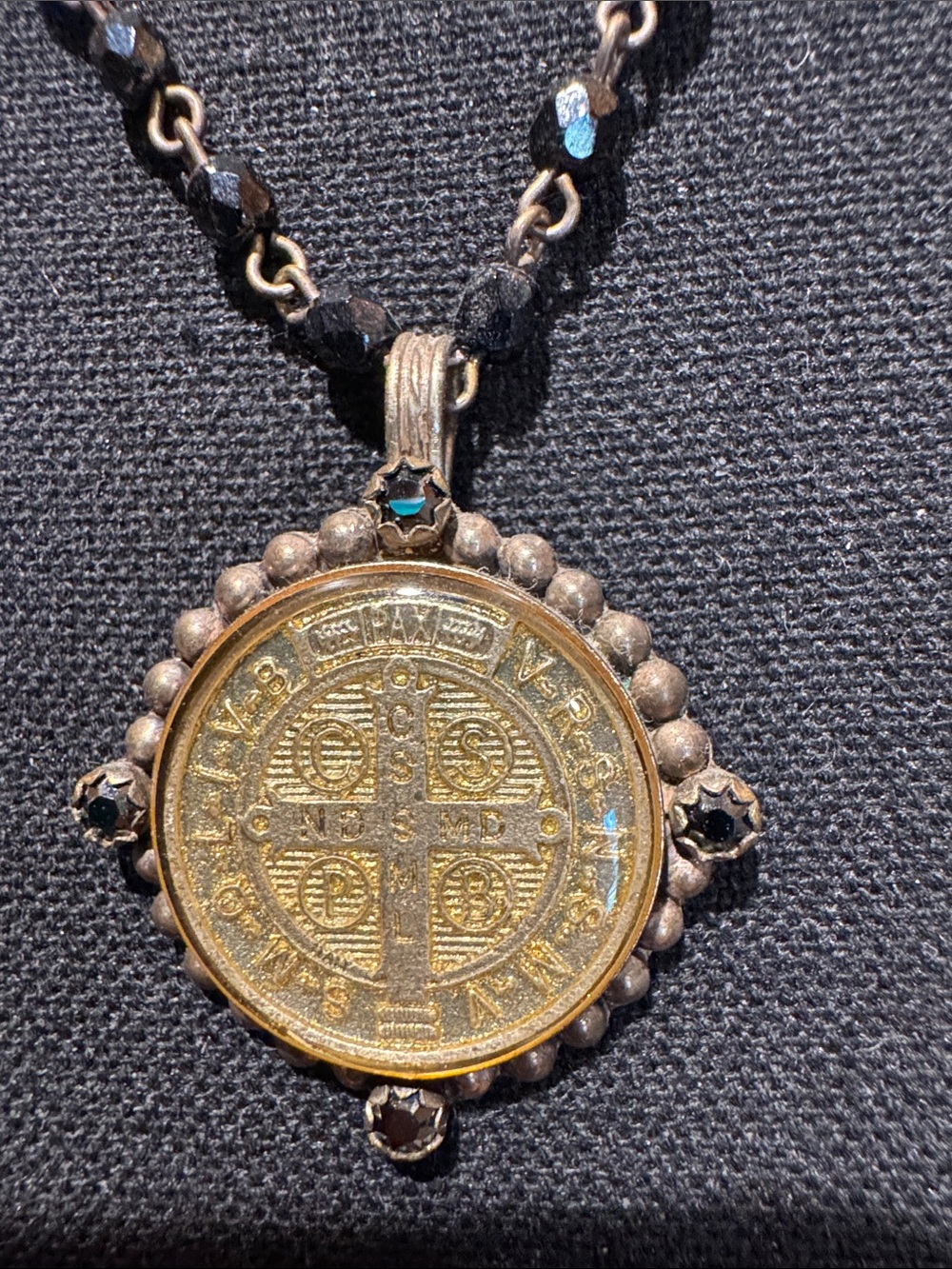 Triple-Layer Black Bead Necklace with Gold Medallion Pendant - Picture 2 of 4